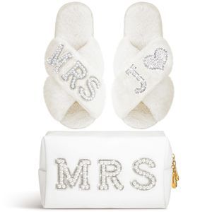 Personalized Initial Wedding Bride Slippers Mrs Pearl Letter Makeup Bag Bridal🌺
